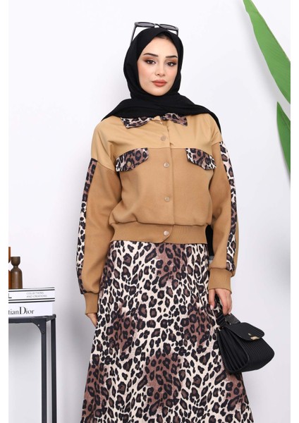Bisküvi Leopar Desenli Ceket Etekli Takım modelleri