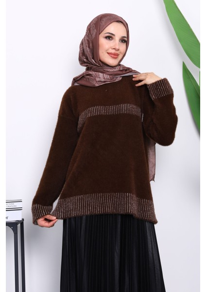 Kahverengi Bisiklet Yaka Çizgili Angora Yumoş Triko Kazak