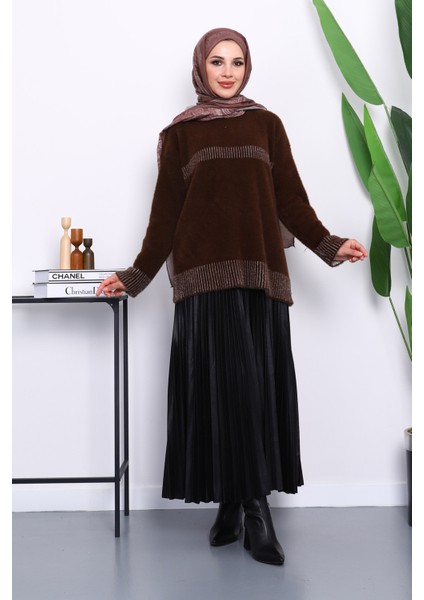 Kahverengi Bisiklet Yaka Çizgili Angora Yumoş Triko Kazak fiyatları