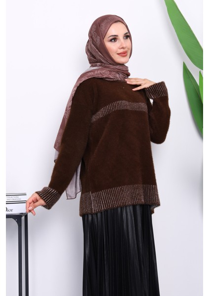 Kahverengi Bisiklet Yaka Çizgili Angora Yumoş Triko Kazak modelleri