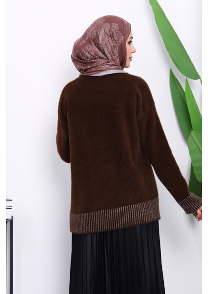 Kahverengi Bisiklet Yaka Çizgili Angora Yumoş Triko Kazak fırsatları