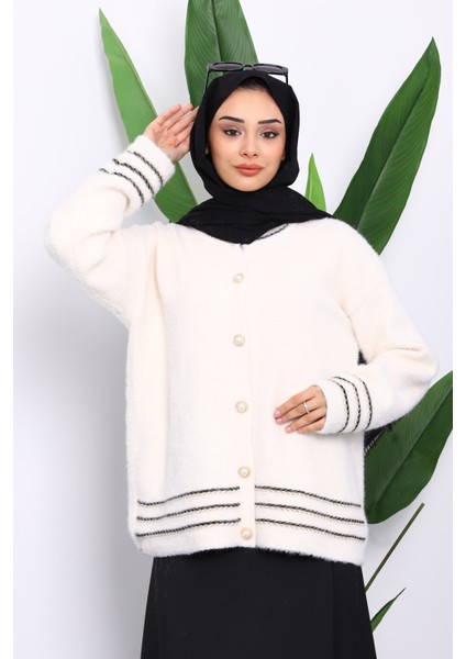 Krem Biye Detaylı Angora Yumoş Triko Hırka modelleri