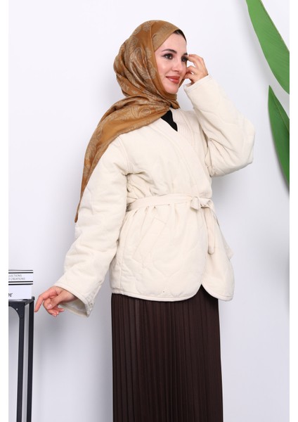 Krem Kapitone Kuşaklı Astarlı Ceket modelleri