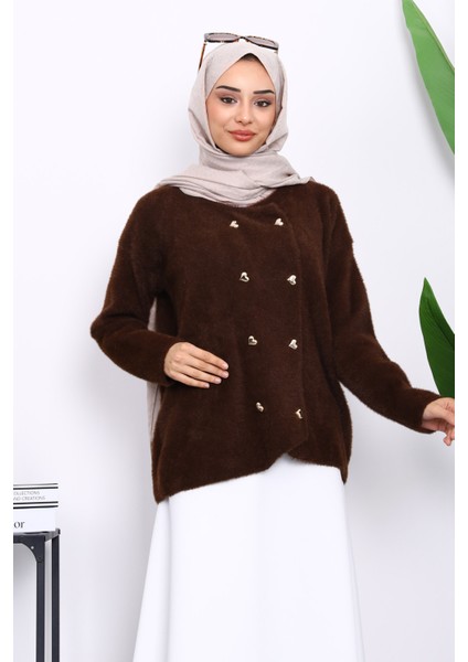 Kahverengi Kalp Düğme Detaylı Angora Yumoş Triko Hırka
