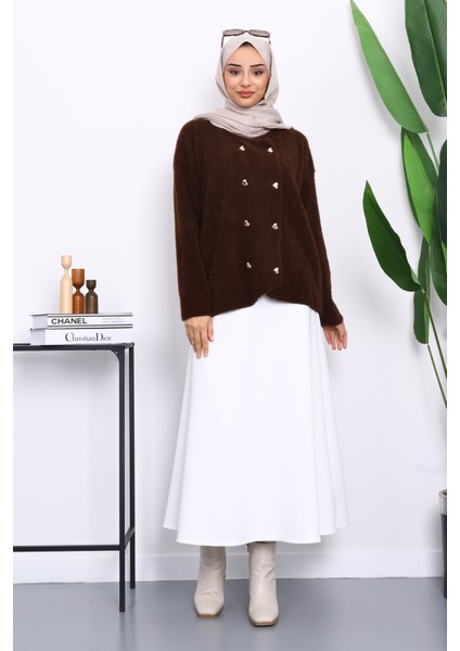 Kahverengi Kalp Düğme Detaylı Angora Yumoş Triko Hırka fiyatları