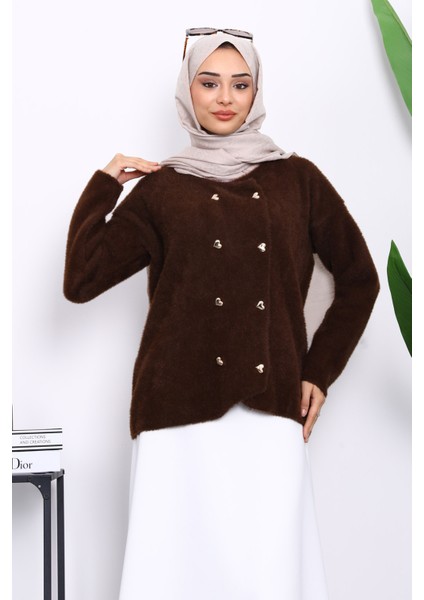 Kahverengi Kalp Düğme Detaylı Angora Yumoş Triko Hırka modelleri