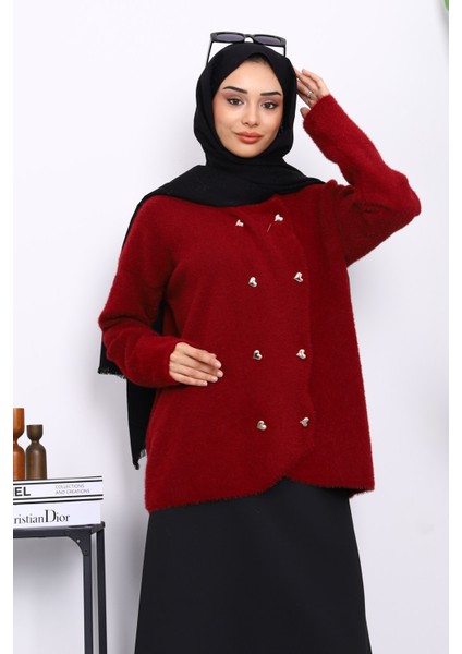 Bordo Kalp Düğme Detaylı Angora Yumoş Triko Hırka