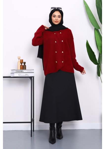 Bordo Kalp Düğme Detaylı Angora Yumoş Triko Hırka fiyatları