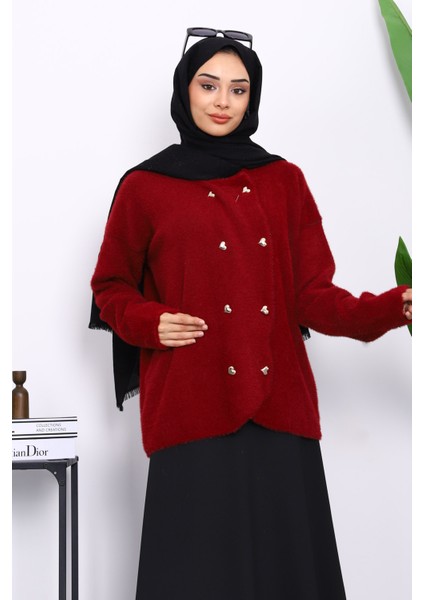 Bordo Kalp Düğme Detaylı Angora Yumoş Triko Hırka modelleri