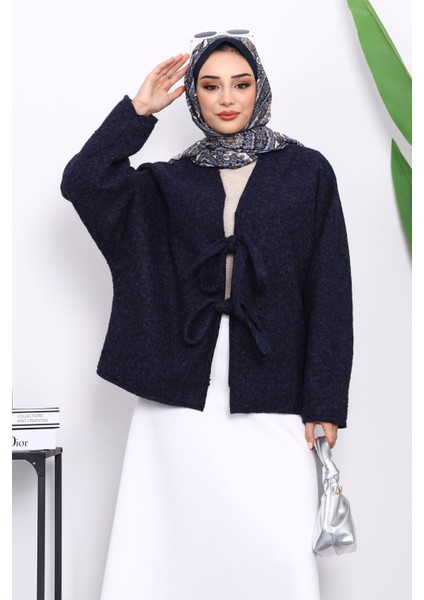 Lacivert Önü Bağlamalı Keçe Kimono Ceket