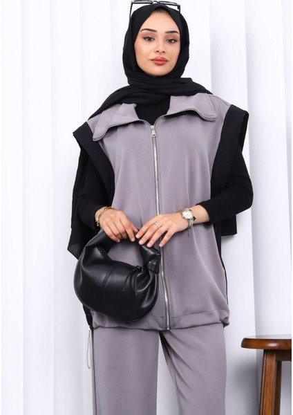Gri Fermuarlı Modal Yelek Pantolonlu Takım modelleri