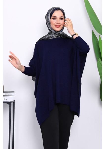 Lacivert Yarasa Kol Panço Triko Tunik