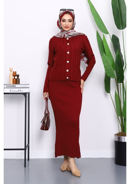 Bordo Crop Hırka Triko Elbise Ikili Kombin