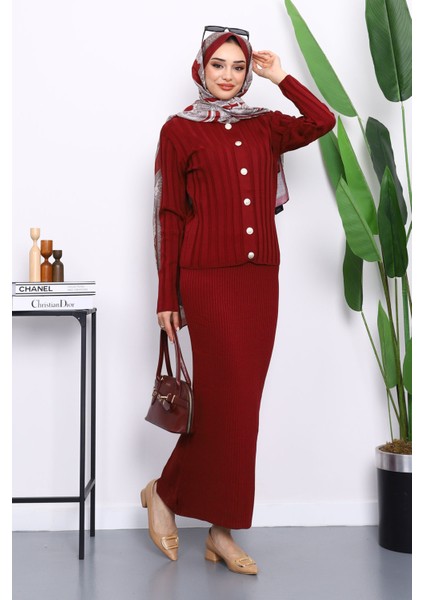 Bordo Crop Hırka Triko Elbise Ikili Kombin fiyatları