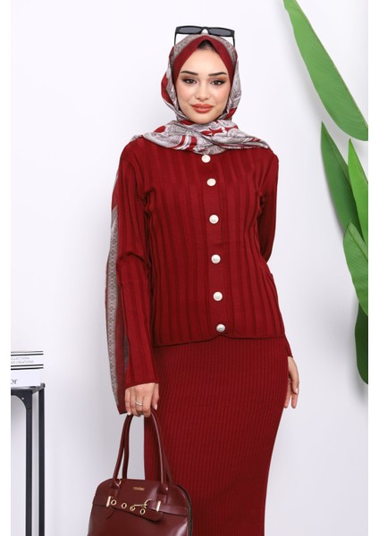 Bordo Crop Hırka Triko Elbise Ikili Kombin modelleri