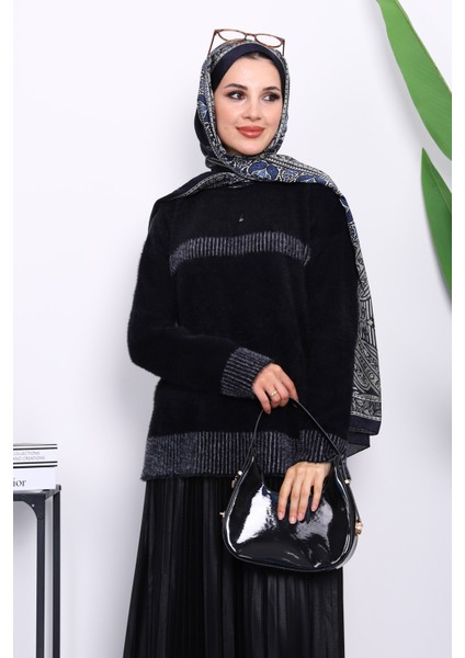 Siyah Bisiklet Yaka Çizgili Angora Yumoş Triko Kazak