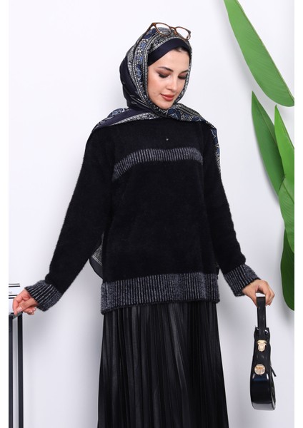 Siyah Bisiklet Yaka Çizgili Angora Yumoş Triko Kazak fiyatları