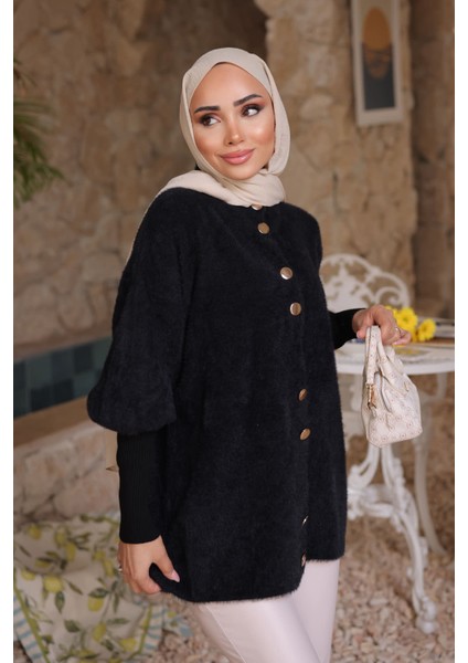 Siyah Dik Yaka Angora Yumoş Hırka