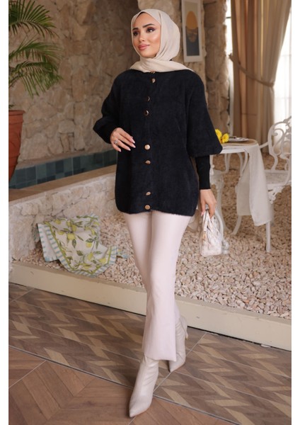 Siyah Dik Yaka Angora Yumoş Hırka modelleri