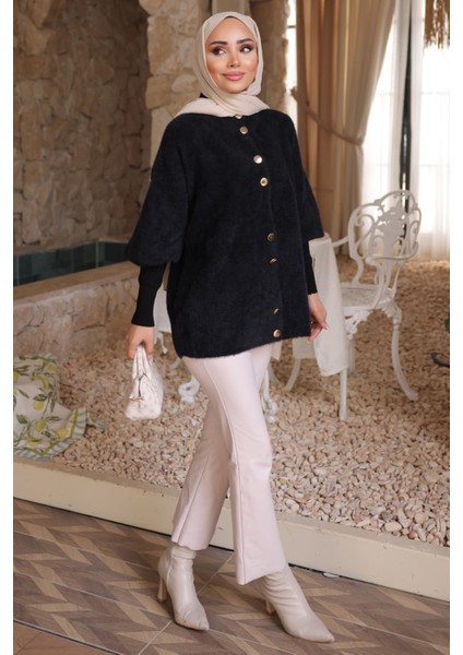 Siyah Dik Yaka Angora Yumoş Hırka fırsatları