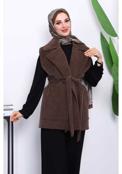 Kahverengi Kruvaze Yaka Kuşaklı Kaşe Yelek