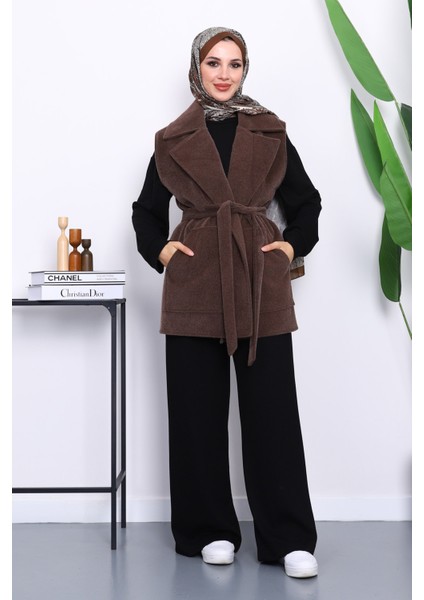 Kahverengi Kruvaze Yaka Kuşaklı Kaşe Yelek fiyatları