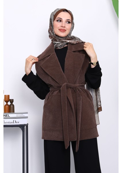 Kahverengi Kruvaze Yaka Kuşaklı Kaşe Yelek modelleri