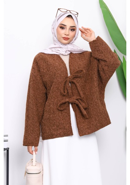 Kahverengi Önü Bağlamalı Keçe Kimono Ceket