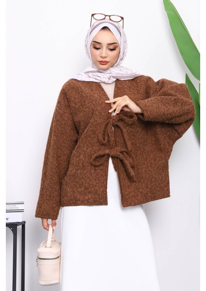 Kahverengi Önü Bağlamalı Keçe Kimono Ceket modelleri