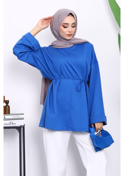 Saks Mavi Yanları Yırtmaçlı Bel Ipli Tunik