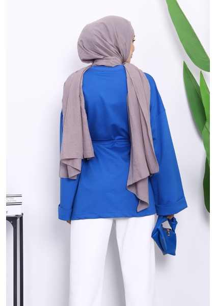 Saks Mavi Yanları Yırtmaçlı Bel Ipli Tunik fırsatları