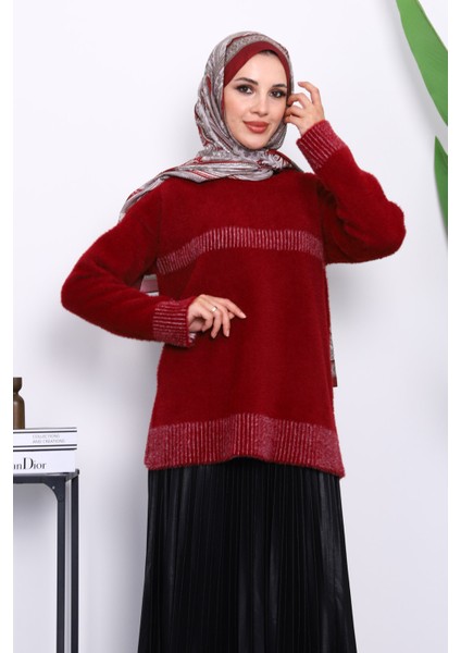 Bordo Bisiklet Yaka Çizgili Angora Yumoş Triko Kazak