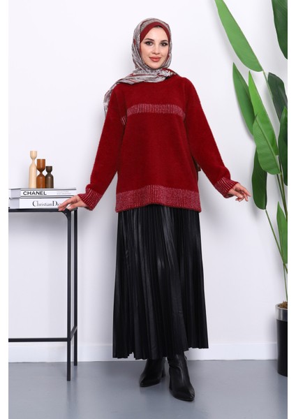 Bordo Bisiklet Yaka Çizgili Angora Yumoş Triko Kazak fiyatları