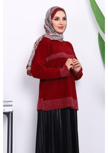 Bordo Bisiklet Yaka Çizgili Angora Yumoş Triko Kazak modelleri