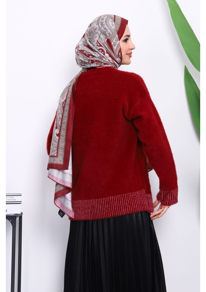 Bordo Bisiklet Yaka Çizgili Angora Yumoş Triko Kazak fırsatları