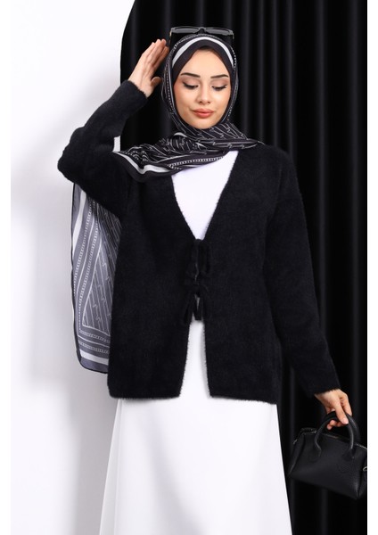 Siyah Ön Bağlama Detaylı Angora Yumoş Hırka modelleri