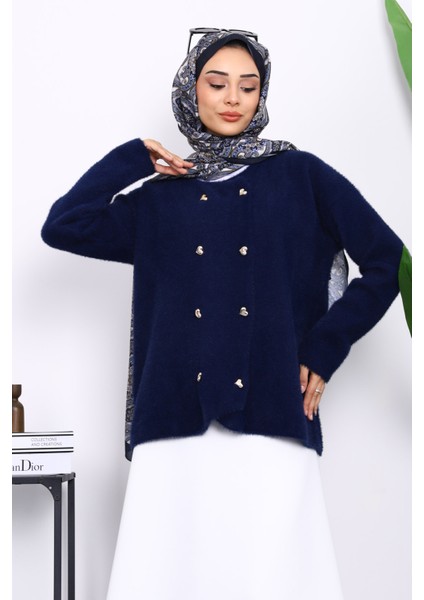 Lacivert Kalp Düğme Detaylı Angora Yumoş Triko Hırka