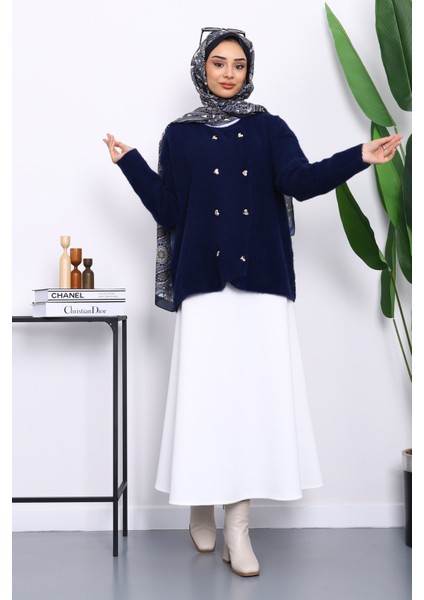 Lacivert Kalp Düğme Detaylı Angora Yumoş Triko Hırka fiyatları