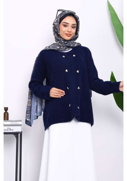Lacivert Kalp Düğme Detaylı Angora Yumoş Triko Hırka modelleri