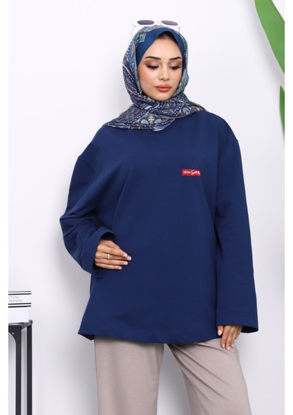 Lacivert Bisiklet Yaka Iki Iplik Oversize Sweatshirt