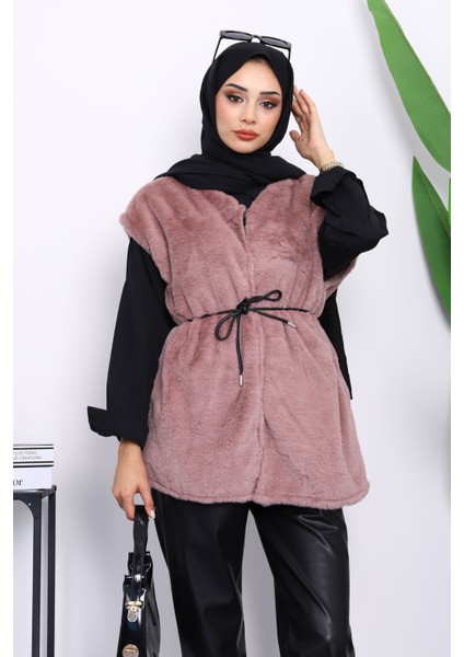 Gül Kurusu Cepli Peluş Kürk Yelek