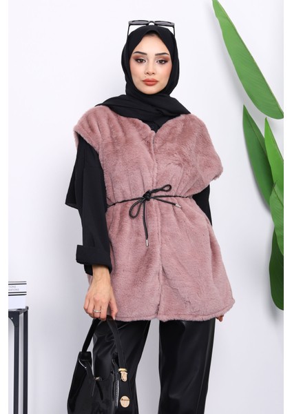 Gül Kurusu Cepli Peluş Kürk Yelek modelleri