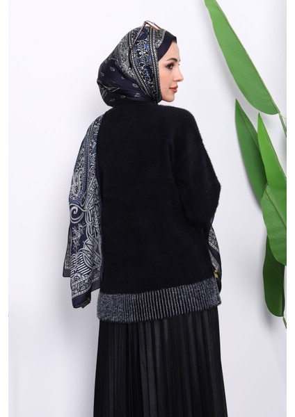 Siyah Bisiklet Yaka Çizgili Angora Yumoş Triko Kazak modelleri