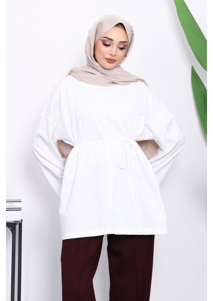 Ekru Yanları Yırtmaçlı Bel Ipli Tunik modelleri