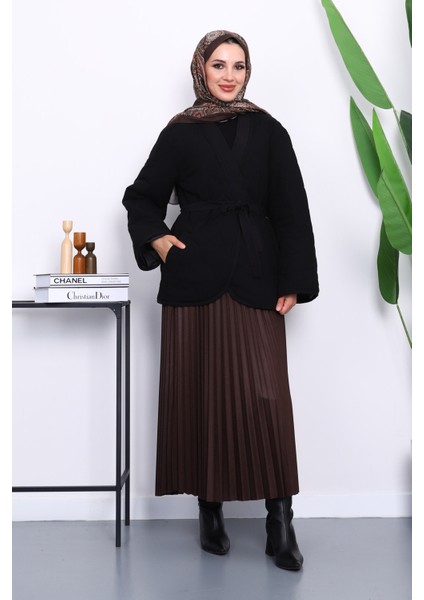 Siyah Kapitone Kuşaklı Astarlı Ceket fiyatları