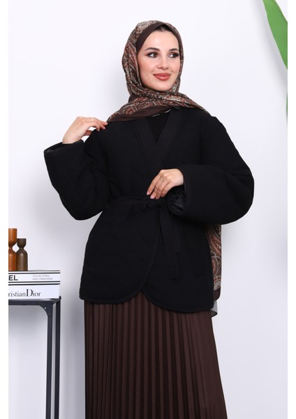 Siyah Kapitone Kuşaklı Astarlı Ceket modelleri
