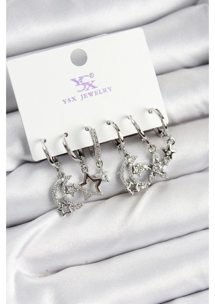 Pirinç Zirkon Taşlı Ay ve Yıldız Model Gümüş Renk 3'lü Çift Kadın Küpe