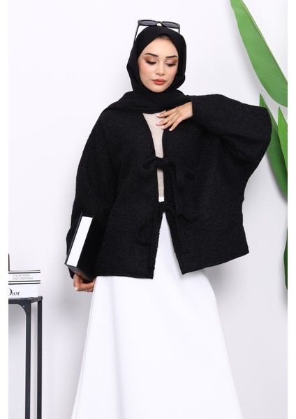 Siyah Önü Bağlamalı Keçe Kimono Ceket