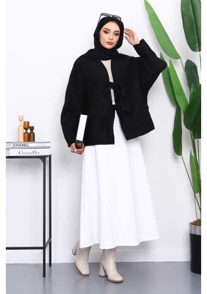 Siyah Önü Bağlamalı Keçe Kimono Ceket modelleri