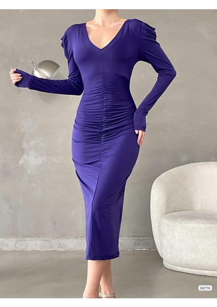 Sandy Senek Kumaş V Yaka Büzgü Detay Abiye Elbise 582791 Mor fiyatları